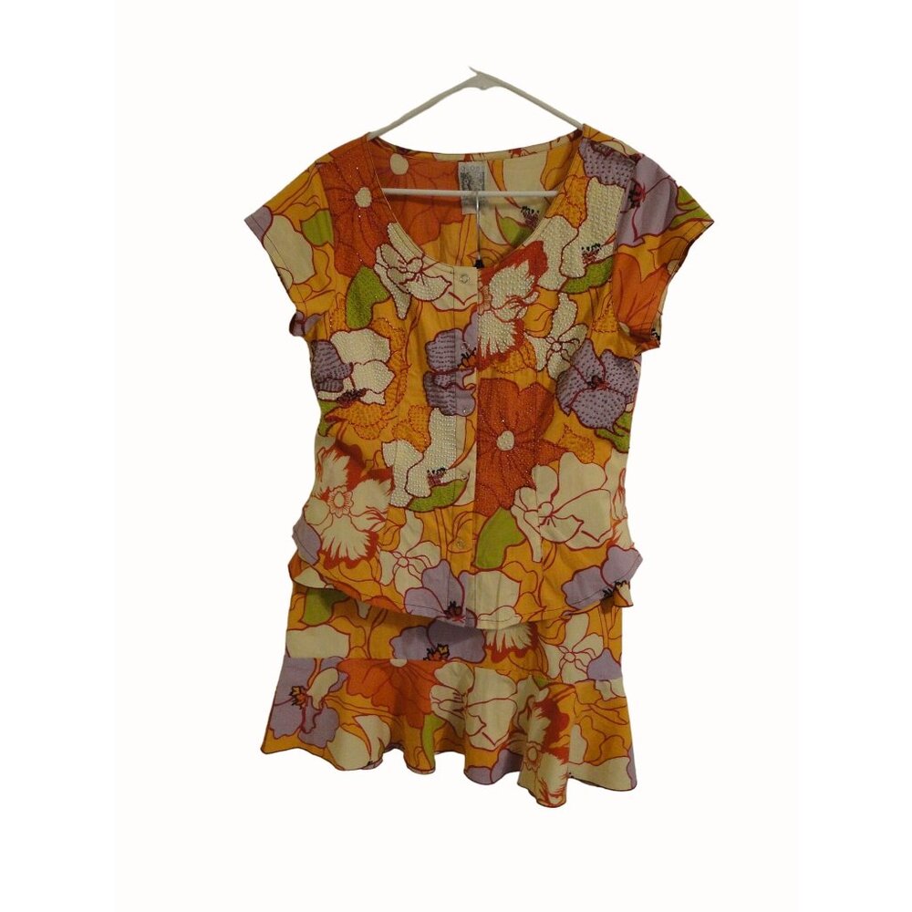 Globe Trotter Bali Top Skirt Set XL L Orange Beaded Snap Ruffle Rayon 2pc Boho - Picture 4 of 13